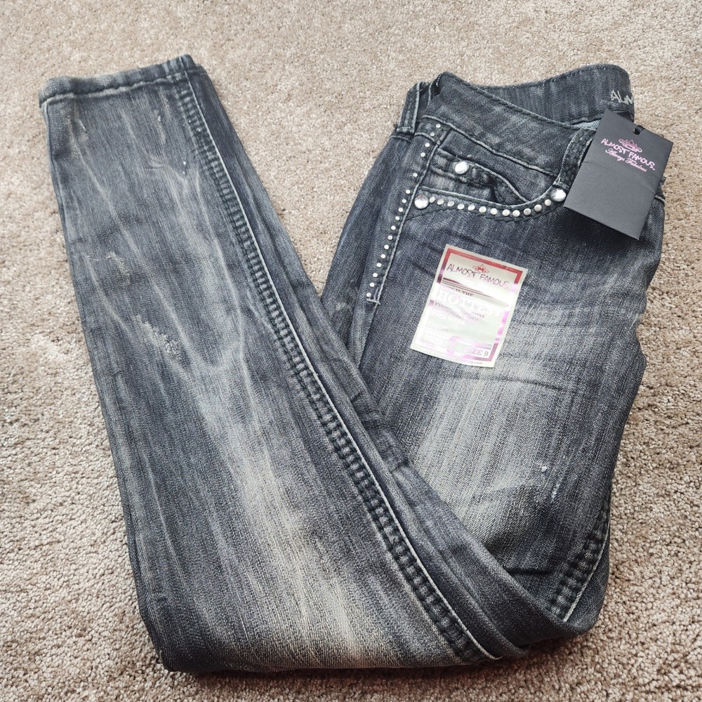 Almost Famous Womens Skinny Jeans Size 9 Acid Wash Studded Rhinestone Y2K Grey